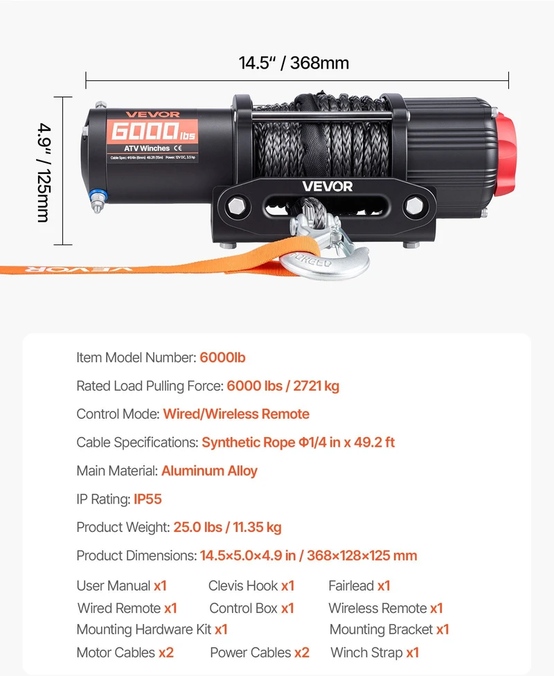 VEVOR 12V gervė ATV/UTV su sintetiniu lynu