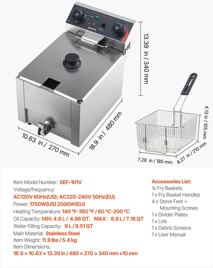 Elektrinė gruzdintuvė VEVOR SEF-101V, 2500W