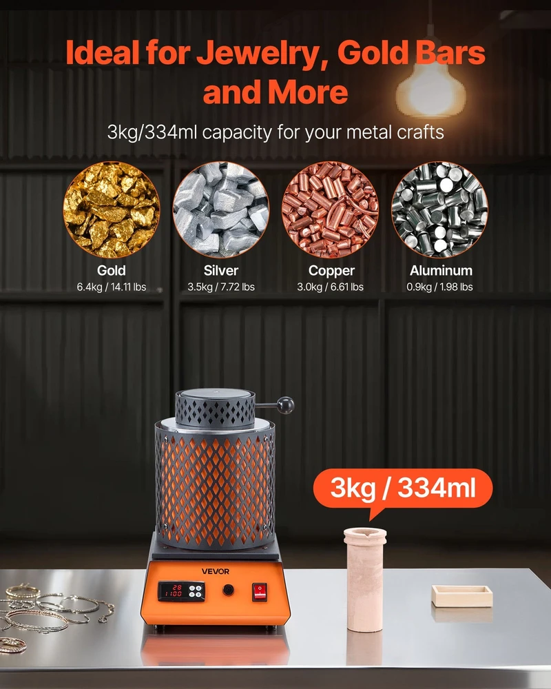 VEVOR Elektrinė lydymo krosnelė, 1350W, 3kg keraminis tiglis