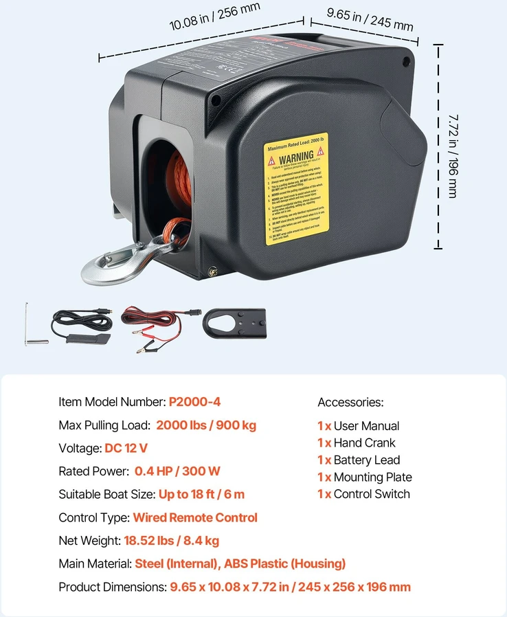 VEVOR Elektrinis valčių gervė, 12V DC 300W, reversinė gervė iki 900 kg