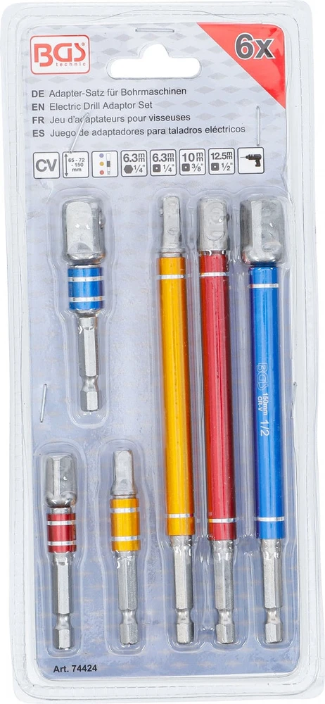 ELEKTRINIO GRĘŽTUVO ADAPTERIŲ RINKINYS | ĮVAIRIŲ SPALVŲ | 6,3 MM (1/4") SUKIMO KVADRATAS | IŠORINIS KVADRATAS: 6,3 MM (1/4") / 10 MM (3/8") / 12,5 MM (1/2") | 75–150 MM | 6 VNT. (74424)