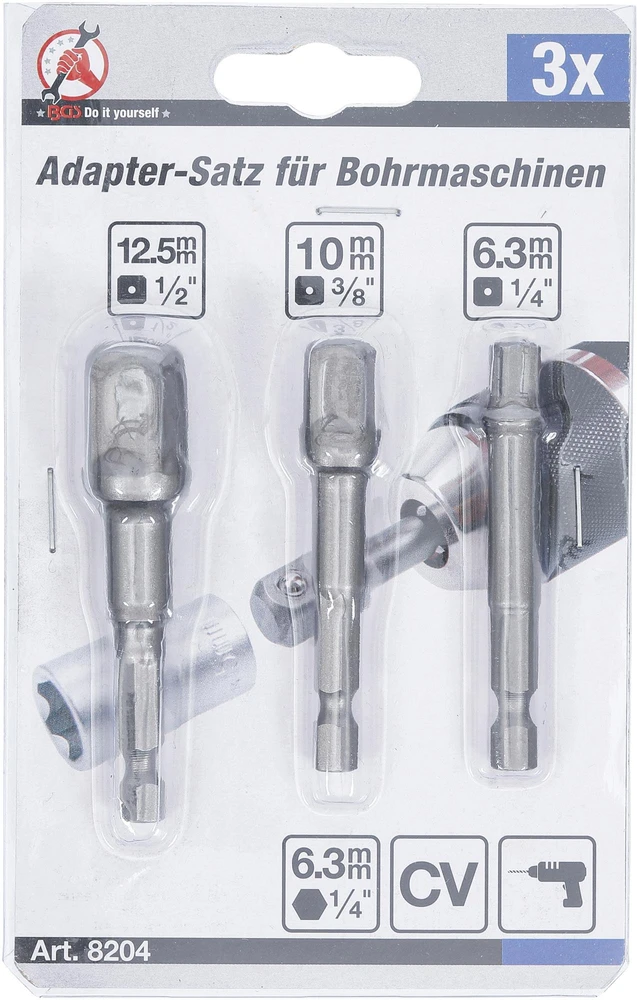 ELEKTRINIO GRĘŽTUVO ADAPTERIŲ RINKINYS | 6,3 MM (1/4") KVADRATINĖ JUNGTIS | 6,3 MM (1/4") / 10 MM (3/8") / 12,5 MM (1/2") | 3 VNT. (8204)