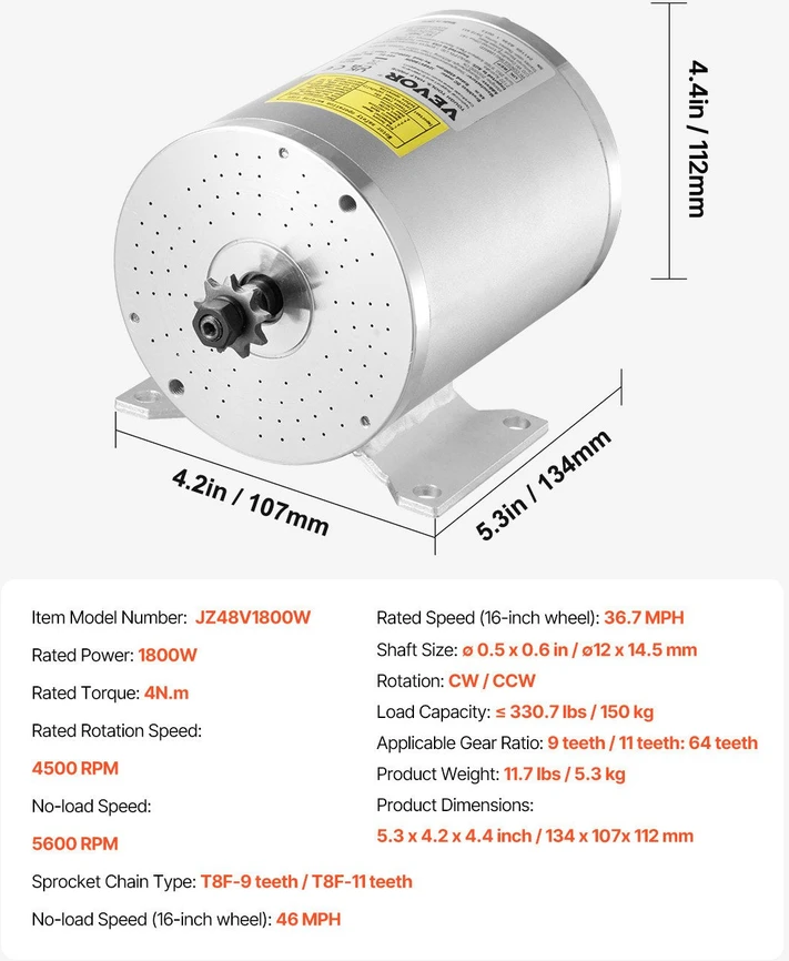 VEVOR 1800W 48V elektrinio variklio rinkinys