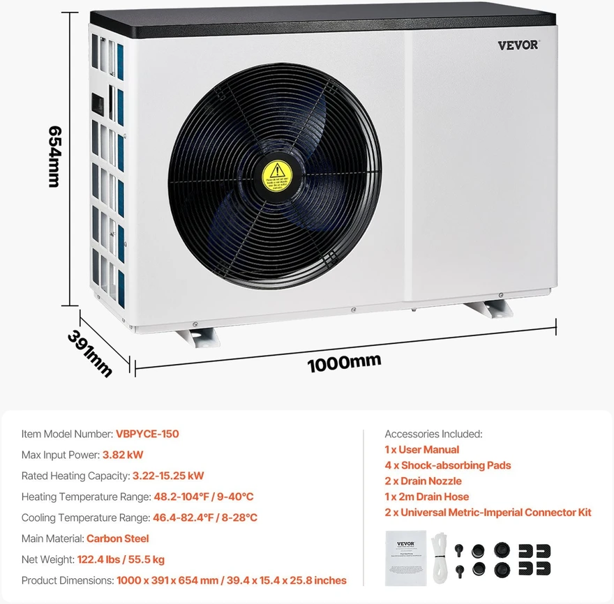 VEVOR Elektrinis baseino šilumos siurblys 3.22–15.25 kW