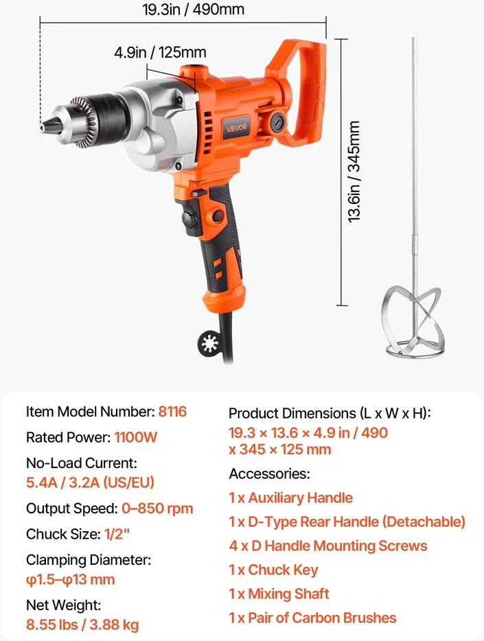 VEVOR Elektrinis gręžtuvas maišytuvas 15,89 mm