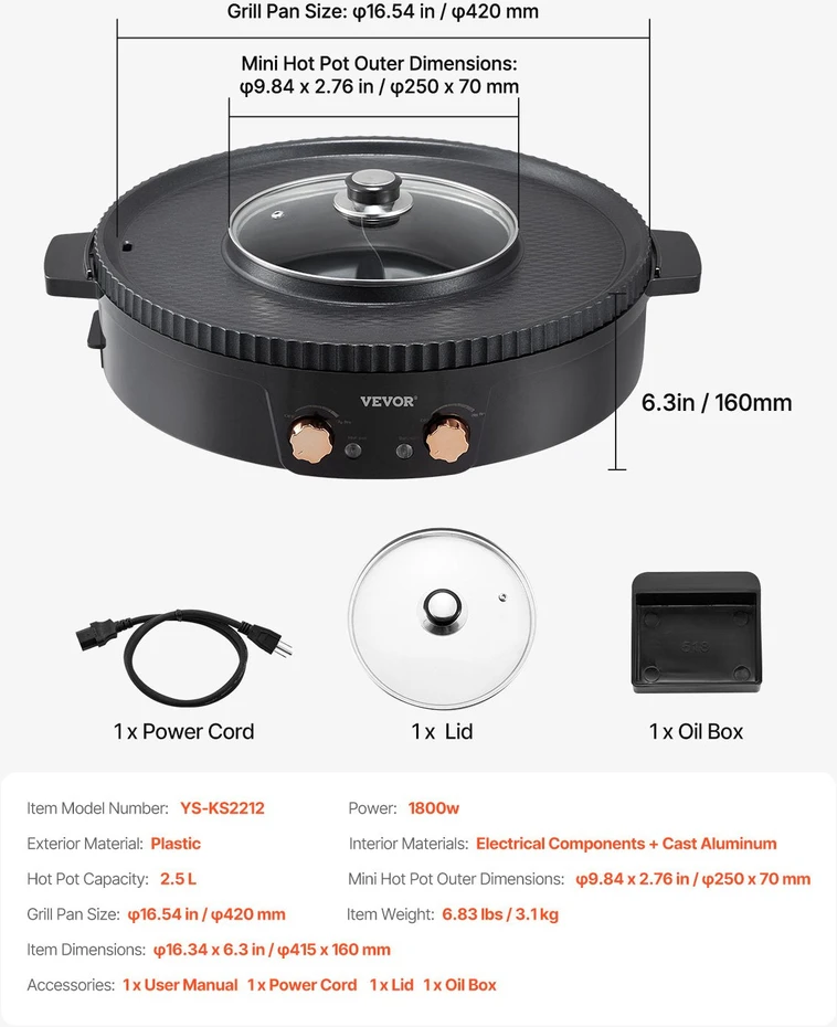 Vevor Elektrinis grilis ir hotpot 1800W 2-in-1