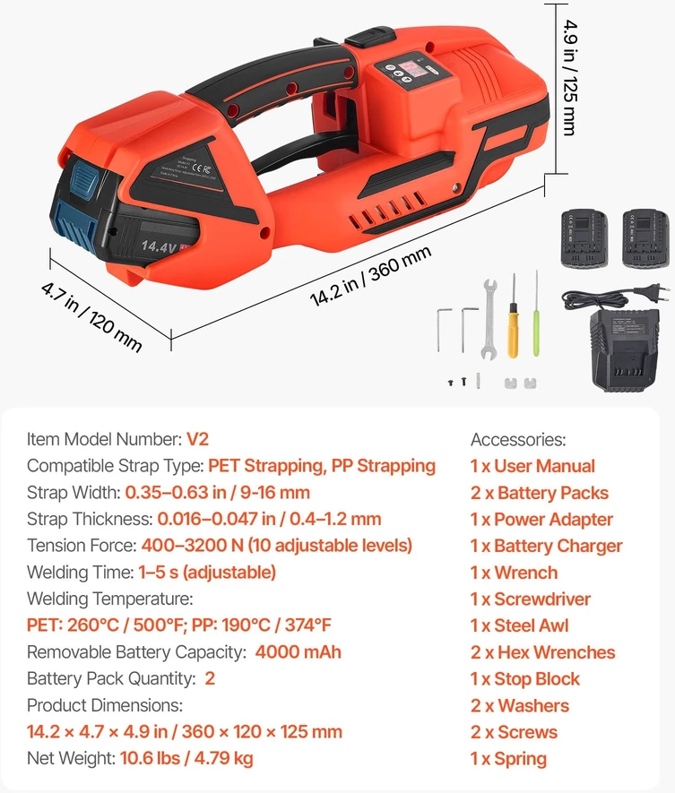 VEVOR Elektrinė juostavimo mašina, 2 x 4000 mAh baterijos