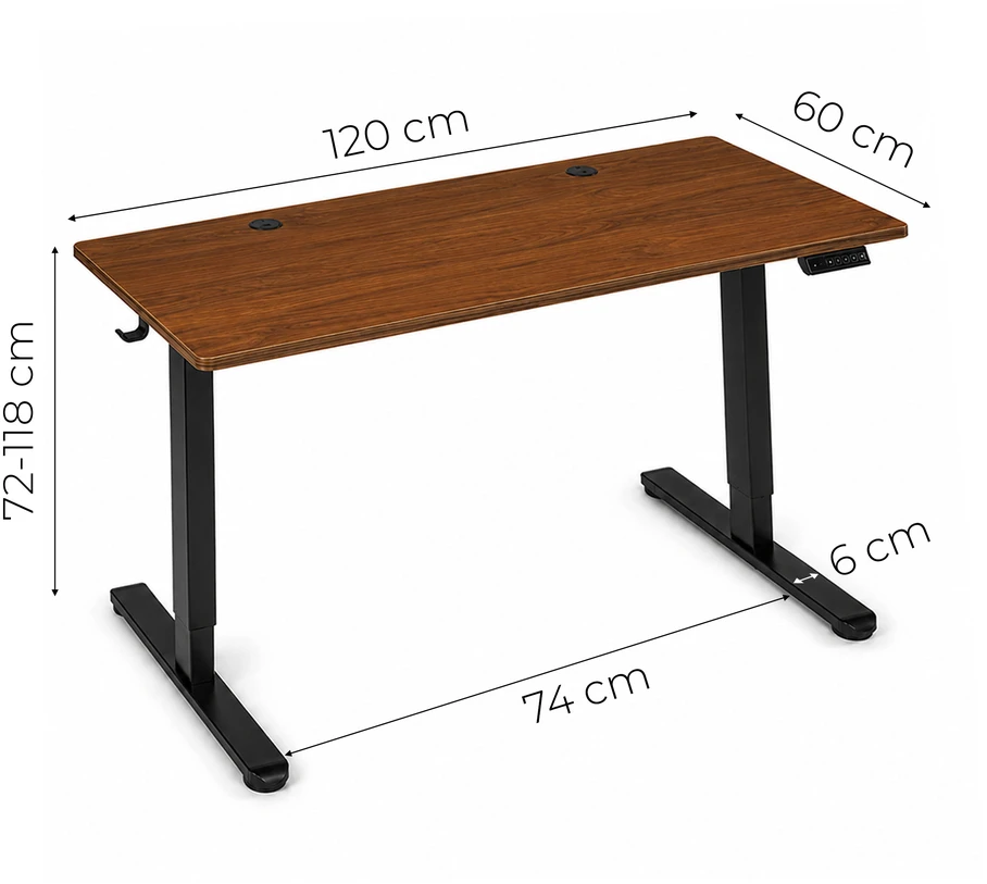 Elektrinis stalas 120x60 cm, pakeliamas, reguliuojamo aukščio 72-118 cm, tamsaus ąžuolo, ModernHome