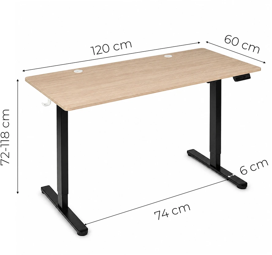 Elektrinis stalas 120x60 cm, pakeliamas, reguliuojamo aukščio 72-118 cm, šviesaus ąžuolo spalvos