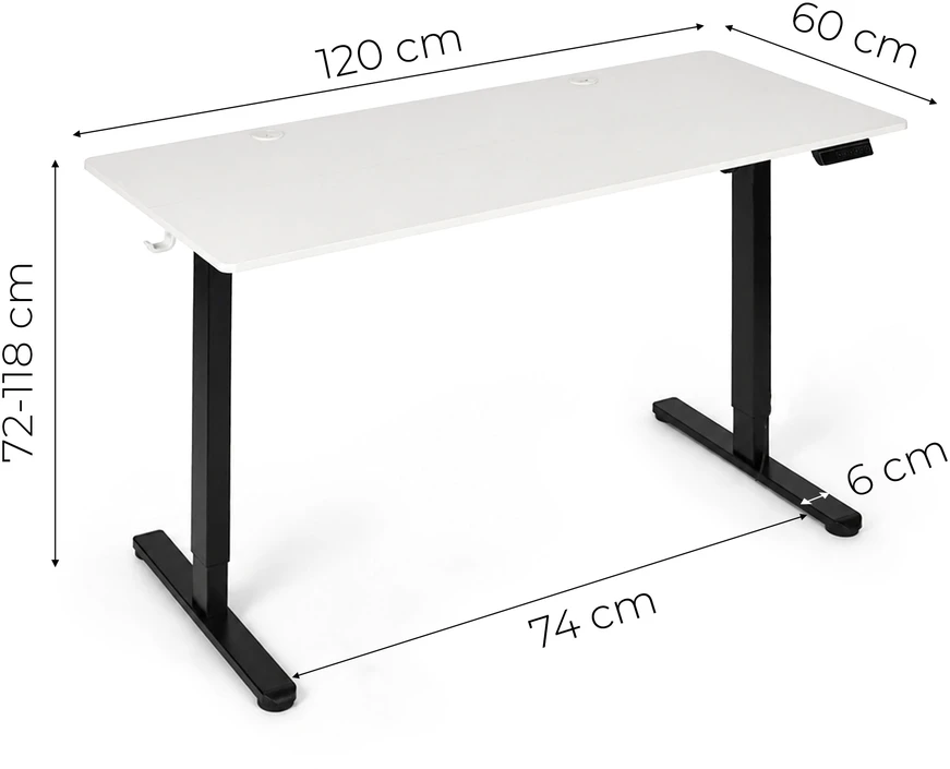 Elektrinis stalas 120x60 cm, reguliuojamo aukščio 72-118 cm, baltas stalviršis, ModernHome
