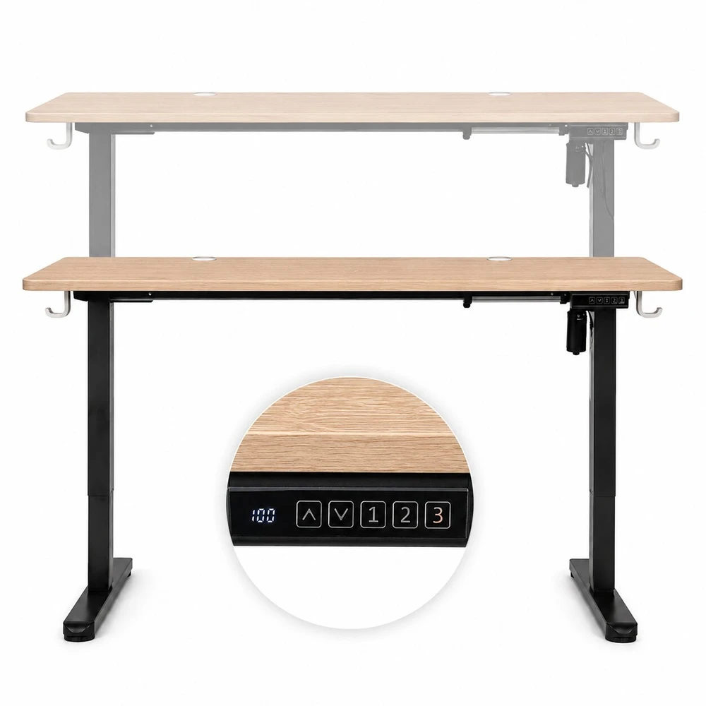 Elektrinis stalas 140x60 cm, reguliuojamo aukščio 72-118 cm, šviesaus ąžuolo spalvos, ModernHome