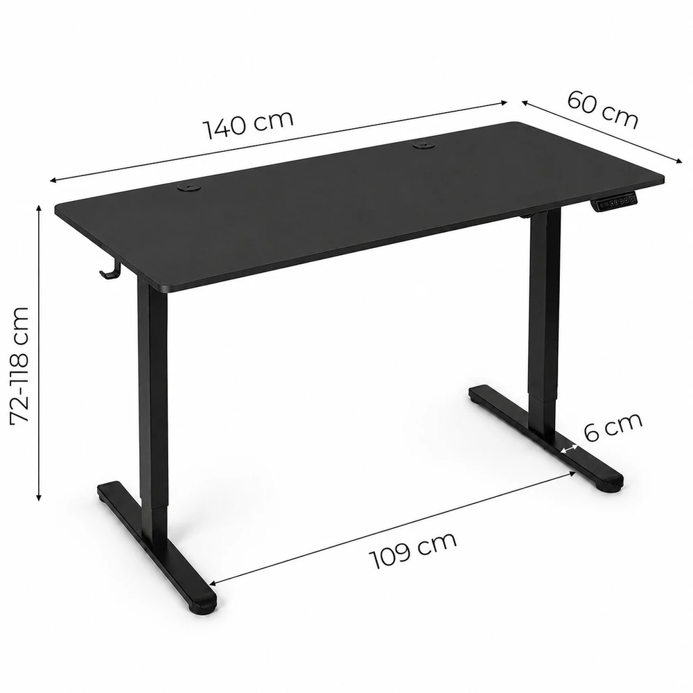 Elektrinis stalas 140x60 cm, reguliuojamo aukščio 72-118 cm, juodas, ModernHome