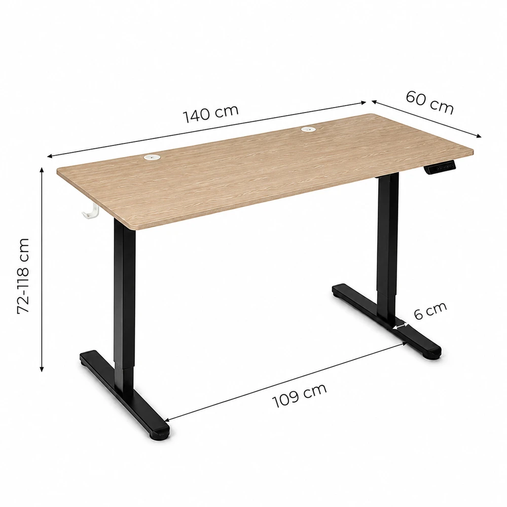 Elektrinis stalas 140x60 cm, reguliuojamo aukščio 72-118 cm, šviesaus ąžuolo spalvos, ModernHome