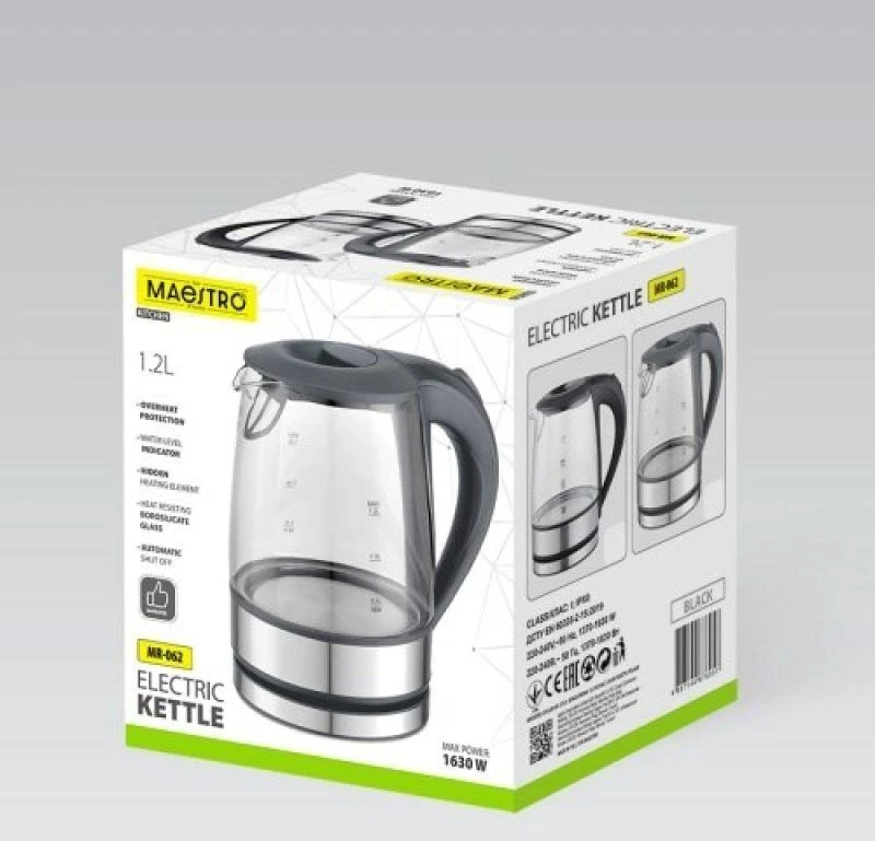 Maestro MR-062-Juodas Glass Electric Virdulys 1,2 L