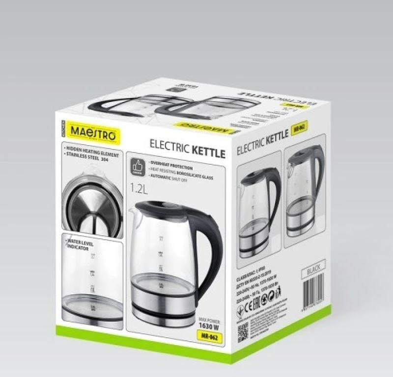 Maestro MR-062-Juodas Glass Electric Virdulys 1,2 L