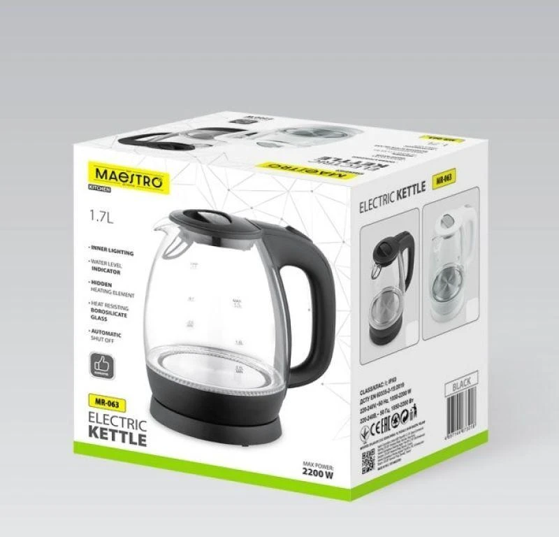 Maestro MR-063-Baltas Glass Electric Virdulys 1.7 L Baltas