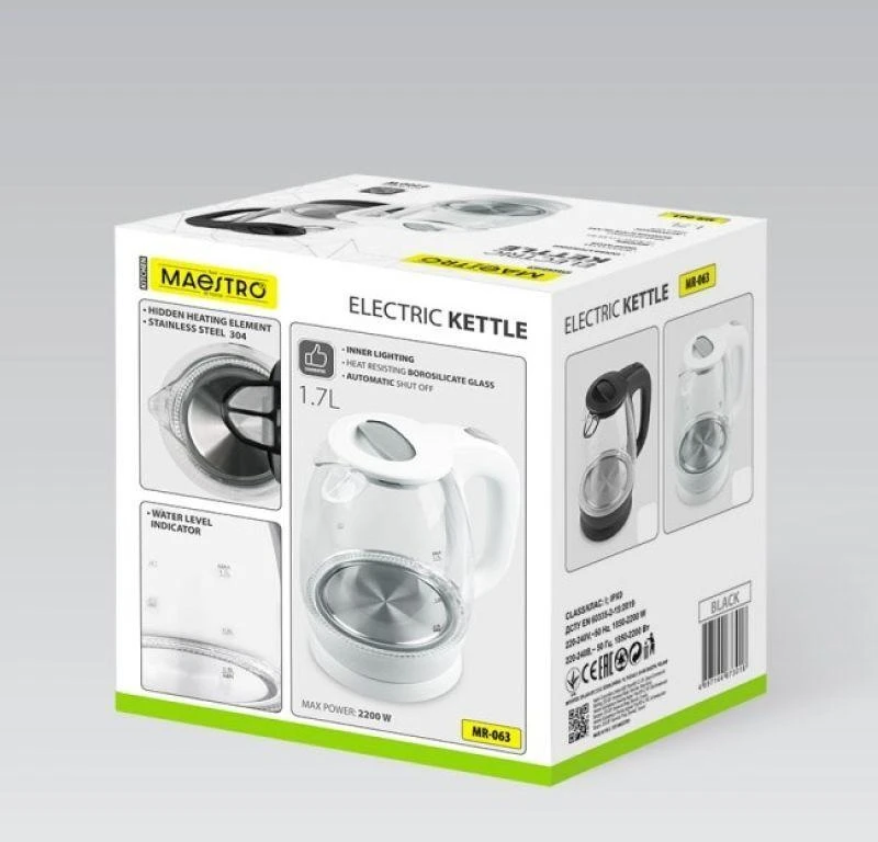Maestro MR-063-Baltas Glass Electric Virdulys 1.7 L Baltas