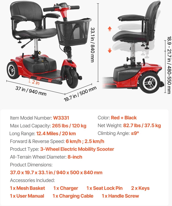 Vevor 3 ratų elektrinis mobilumo motoroleris