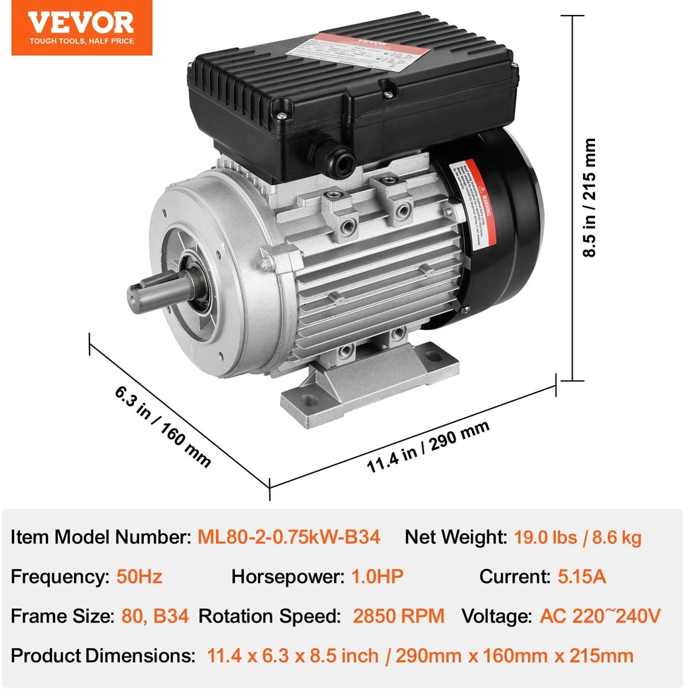 VEVOR 0.75kW elektrinis variklis 2850 APS AC 220-240V