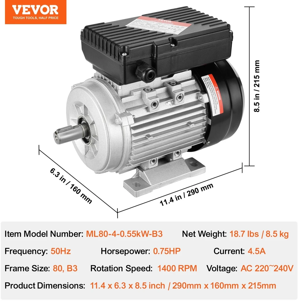 VEVOR 0,55 kW elektros variklis, 1400 aps/min, 1 fazė