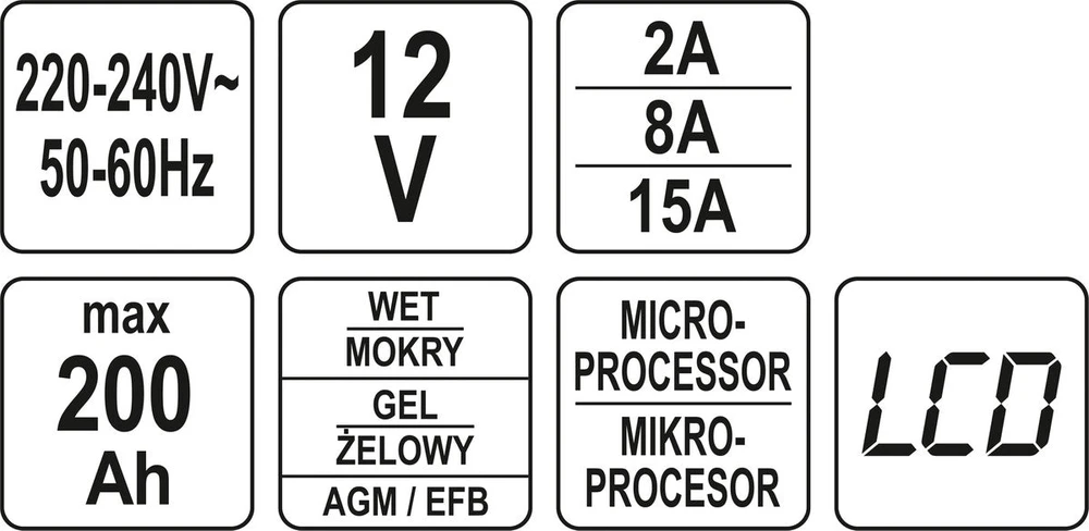 Yato Automatinis 12V 2A 8A 15A akumuliatorių įkroviklis su LCD ekranu, auto moto AGM