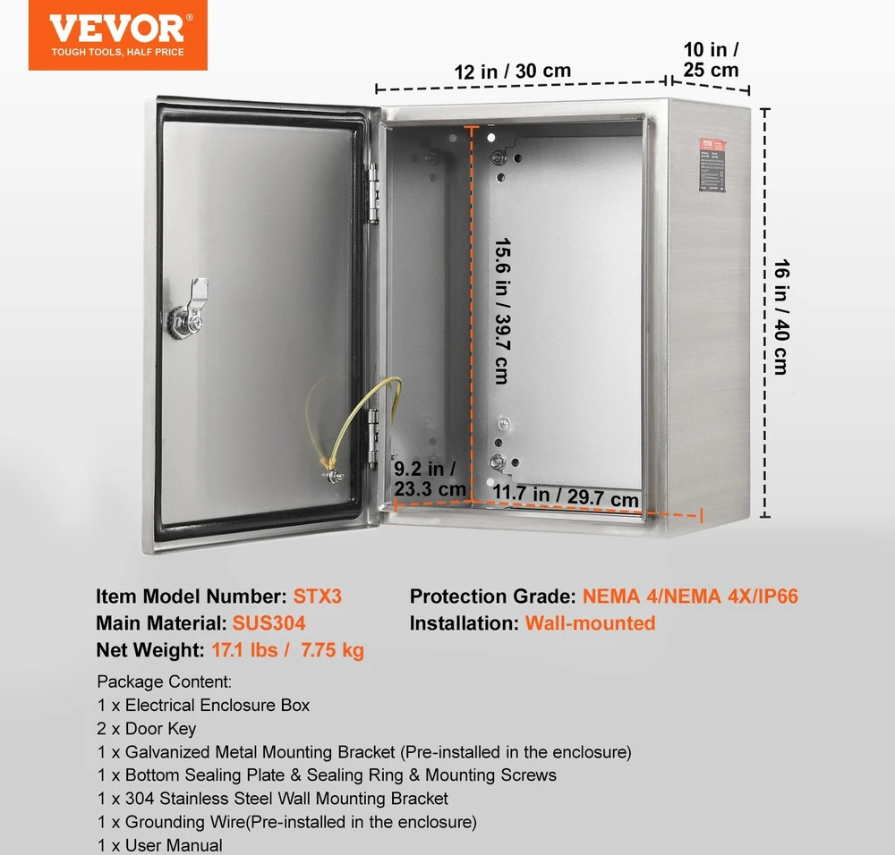 VEVOR Nerūdijančio plieno elektros dėžė su užraktu 40 x 30 x 25 cm