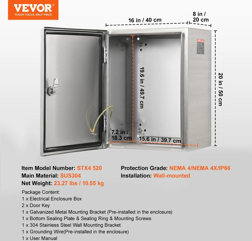 VEVOR Nerūdijančio plieno elektros dėžė, IP66