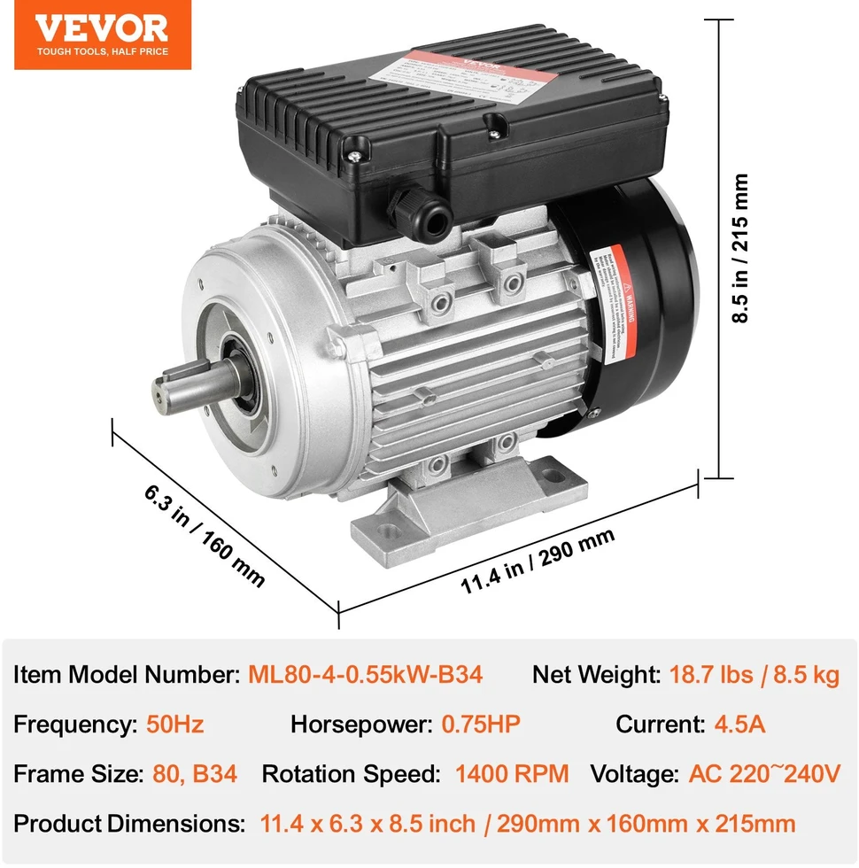 VEVOR 0.55KW elektrinis variklis, 1400 aps./min, 220~240V