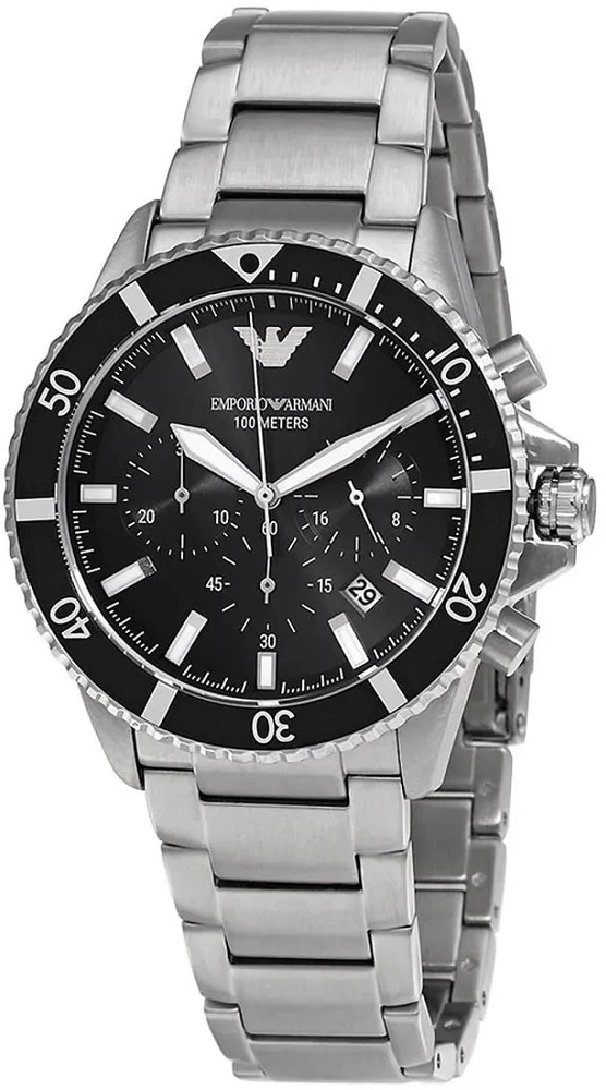 „Emporio Armani AR11360“ vyriškas nardymo stiliaus sidabrinis ir juodas laikrodis