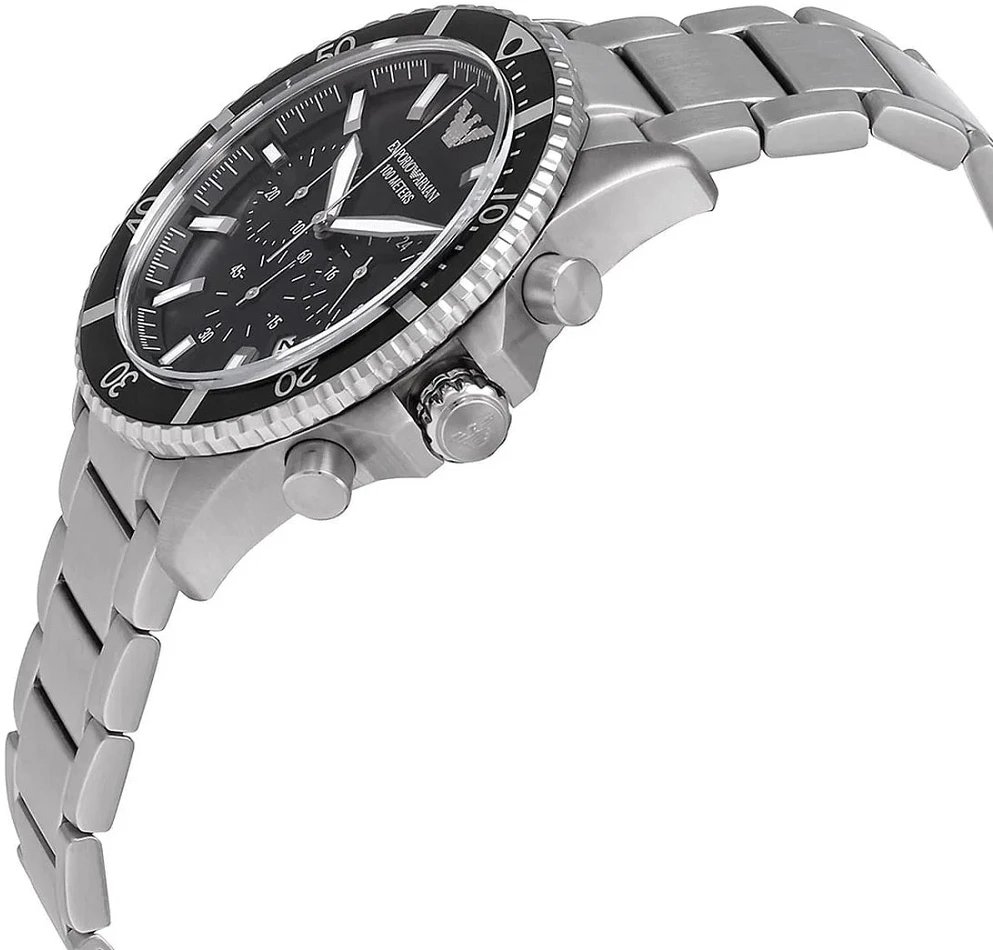 „Emporio Armani AR11360“ vyriškas nardymo stiliaus sidabrinis ir juodas laikrodis