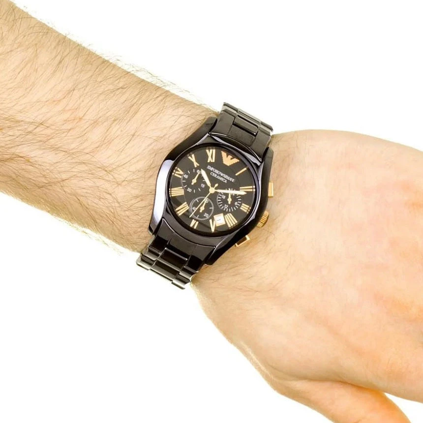 „Emporio Armani AR1410 Valente“ vyriškas keraminis laikrodis, juodos ir rožinio aukso spalvos