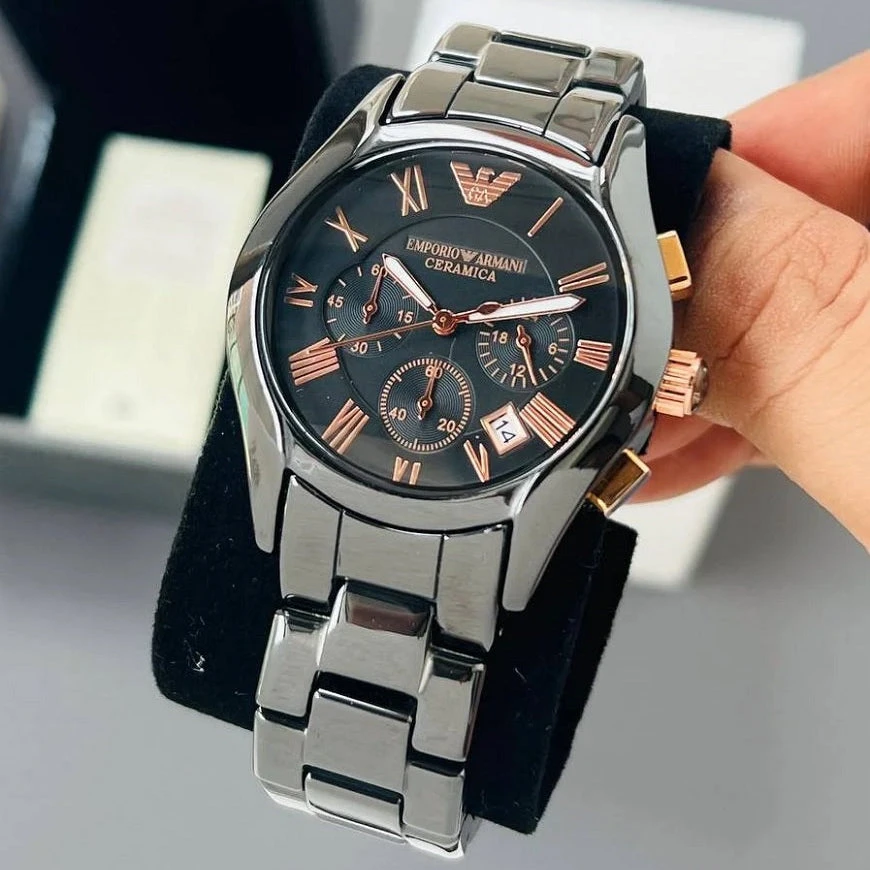 „Emporio Armani AR1410 Valente“ vyriškas keraminis laikrodis, juodos ir rožinio aukso spalvos