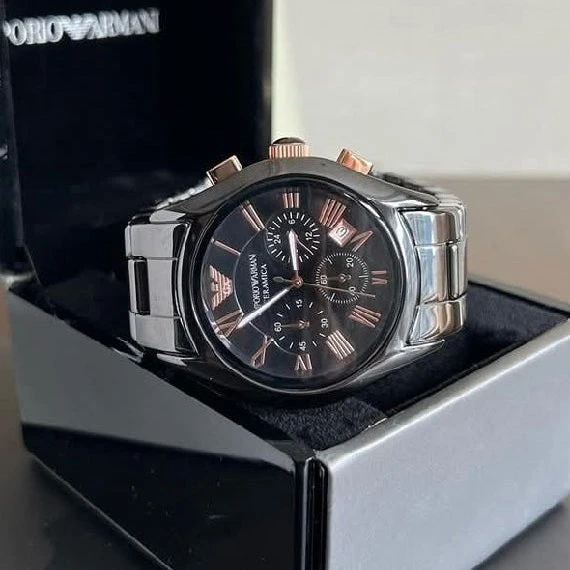 „Emporio Armani AR1410 Valente“ vyriškas keraminis laikrodis, juodos ir rožinio aukso spalvos
