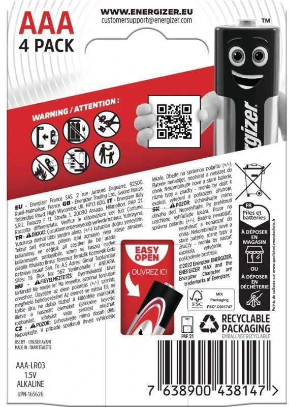 Ausinės ENERGIZER Šarminės baterijos MAX AAA LR03, 4 vnt., Ekologiška pakuotė
