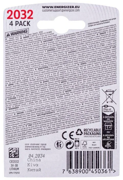 ENERGIZER SPECIALIST BATERIJA CR2032, 4 vnt., 3V, ECO