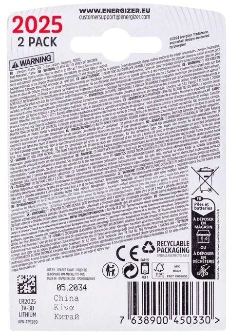 Ausinės ENERGIZER SPECIALIZUOTA BATERIJA CR2025/2, 3V, EKOLOGIŠKA