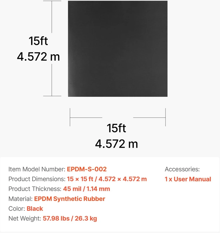 VEVOR EPDM guminė stogo danga 15 x 15 pėd.