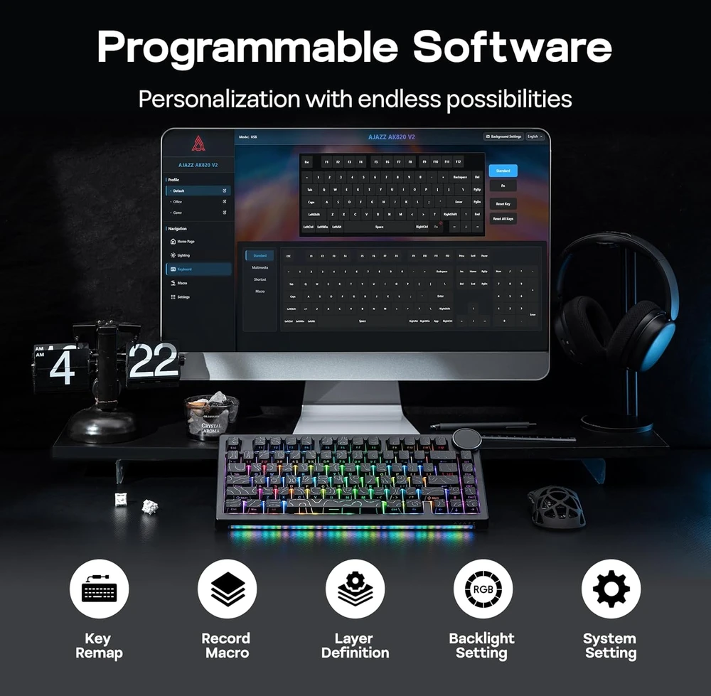 Epomaker AJAZZ AK820 V2 belaidė mechaninė klaviatūra, 75%, RGB, QWERTY, Hot-Swap, juoda