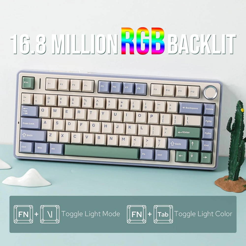 Epomaker F75 75% mechaninė belaidė klaviatūra su RGB apšvietimu ir Hot-Swap, žalia