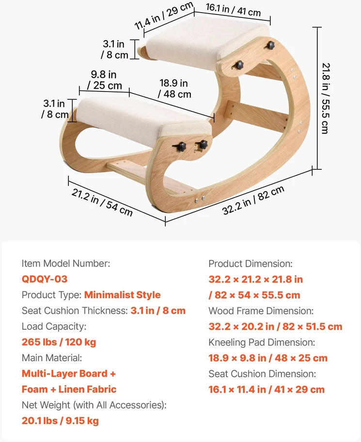 VEVOR Ergonominė medinė kėdė su reguliuojamu porolonu