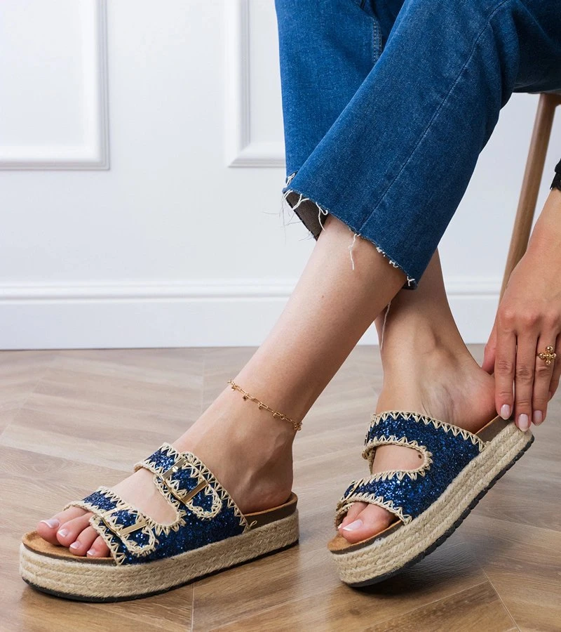 Espadrilės šlepetės tamsiai mėlynos su sagtelėmis ir platforma