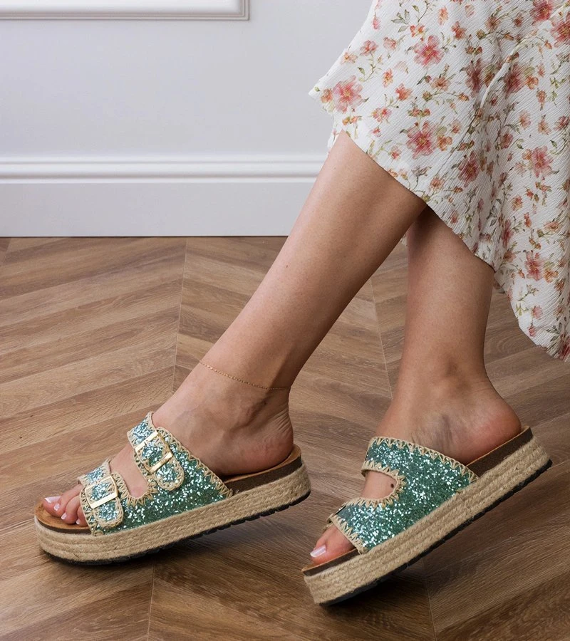 Espadrilės žalios blizgios šlepetės su sagtelėmis