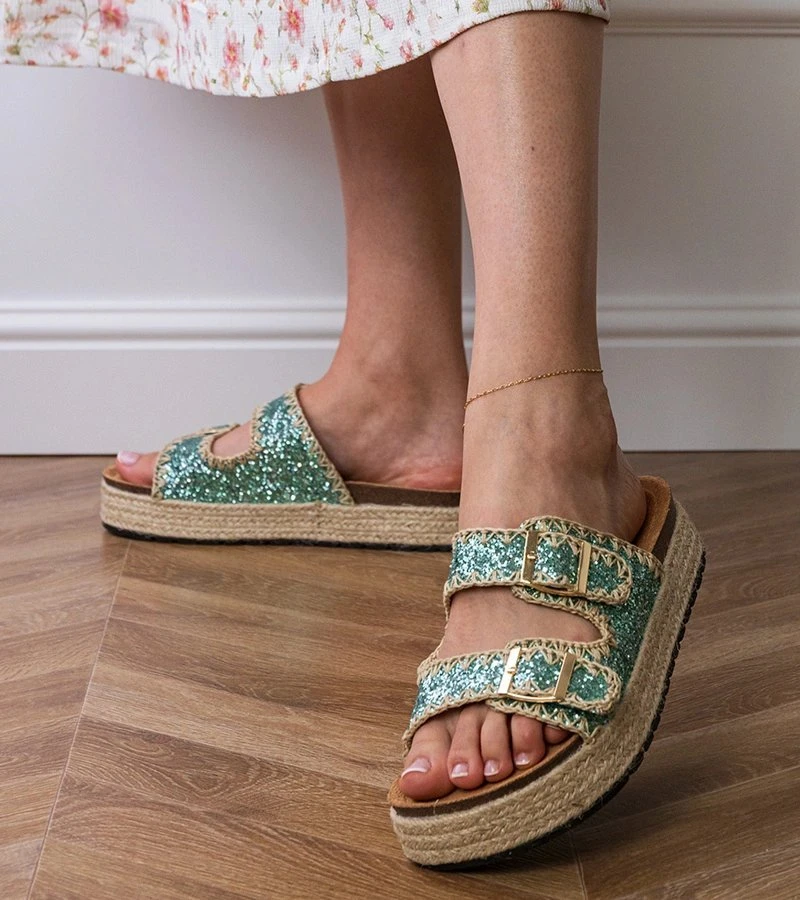 Espadrilės žalios blizgios šlepetės su sagtelėmis