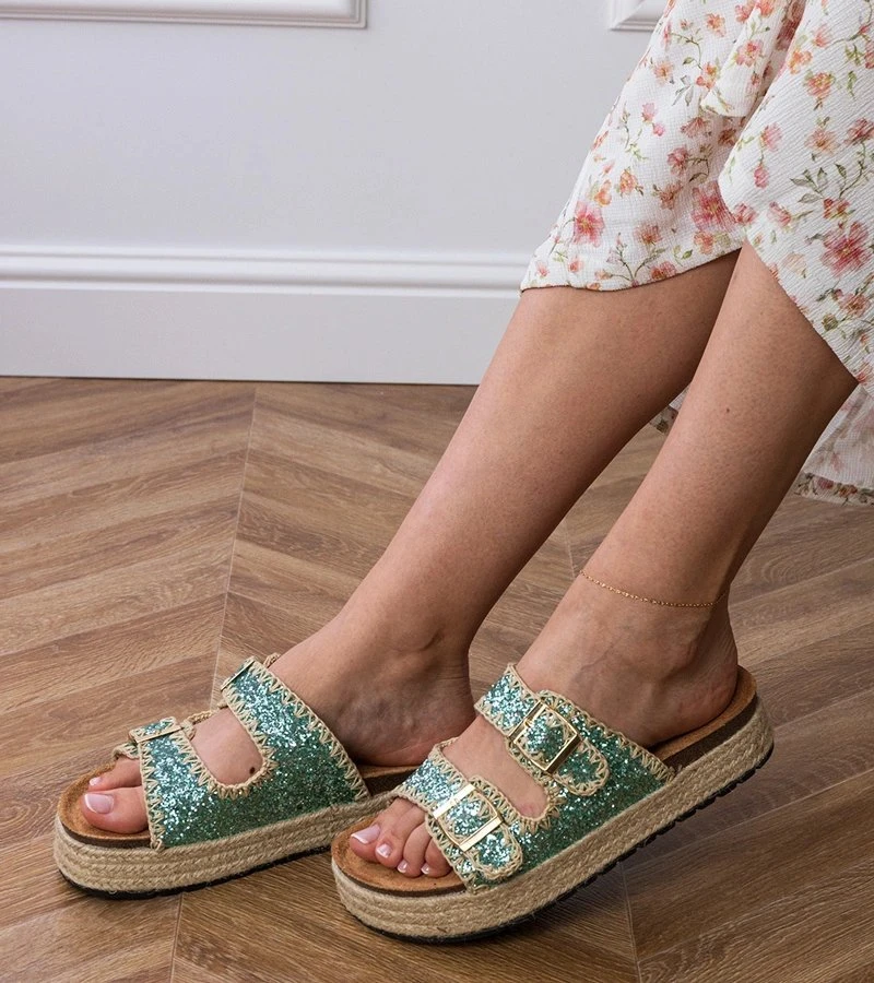 Espadrilės žalios blizgios šlepetės su sagtelėmis