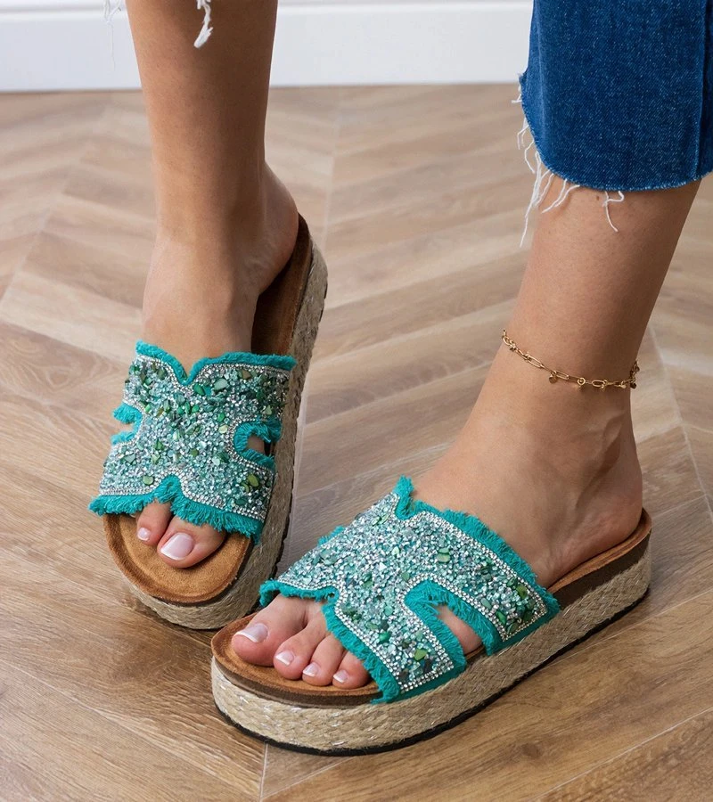 Espadrilės žalios šlepetės su platforma ir cirkoniais