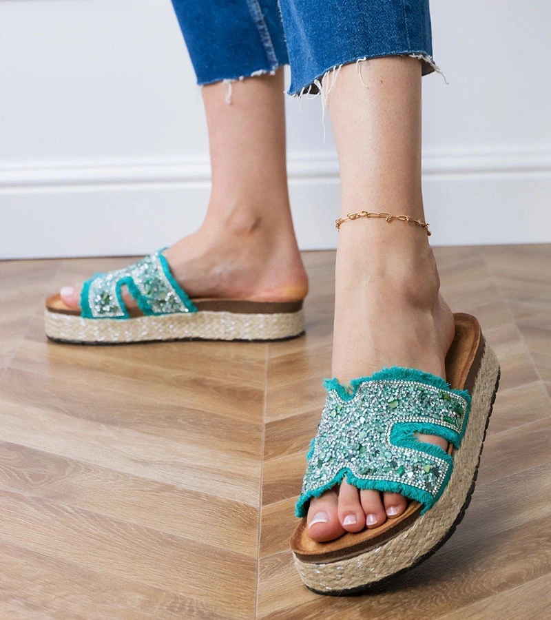 Espadrilės žalios šlepetės su platforma ir cirkoniais