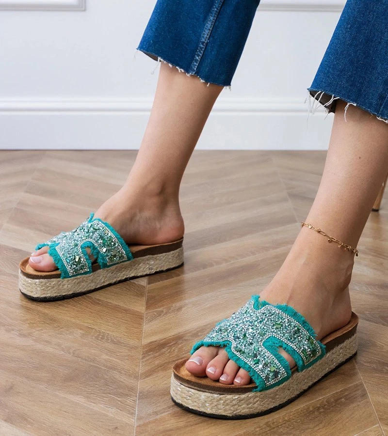 Espadrilės žalios šlepetės su platforma ir cirkoniais