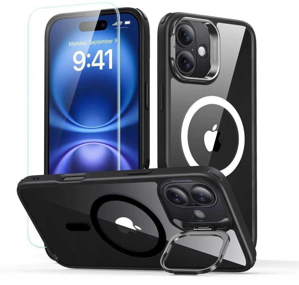 ESR Classic Hybrid KickStand HaloLock MagSafe & TEMPERED GLASS Apple iPhone 16 dėklas telefonui juodos spalvos
