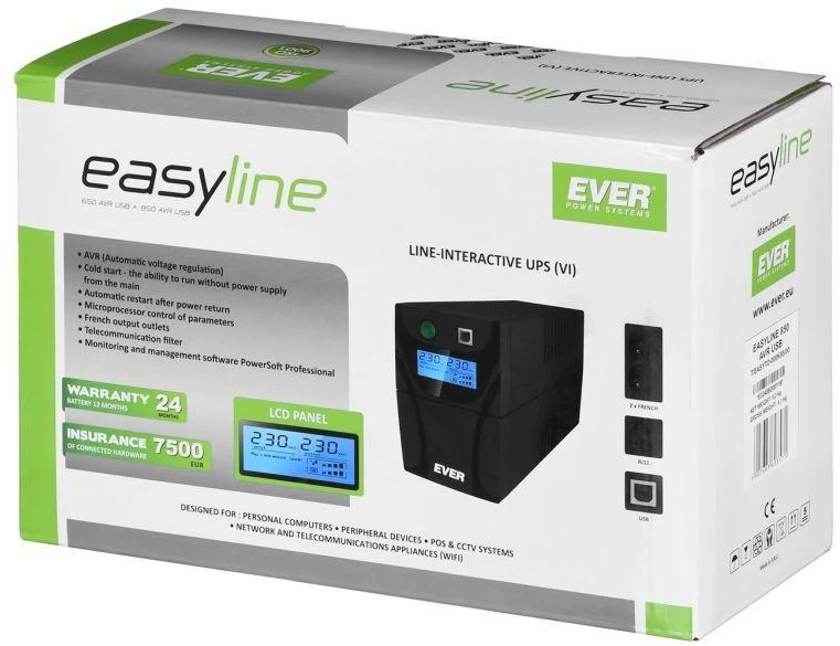 Ausinės EVER EASYLINE 850AVR USB UPS nepertraukiamo maitinimo šaltinis (850VA) (T/EASYTO-000K85/00)