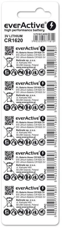 EVERACTIVE CR1620 ličio baterija, 5 vnt. lizdinėje pakuotėje CR16205BL